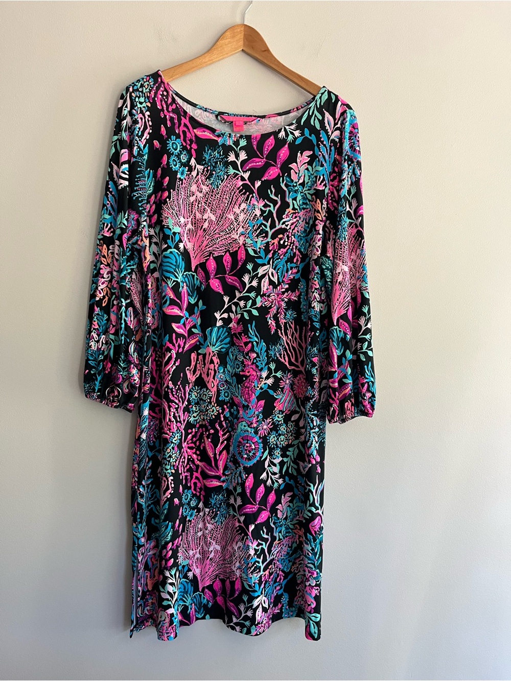 Lilly Pulitzer Midnight Coral Seahorse Black Long-Sleeve Midi Dress Large